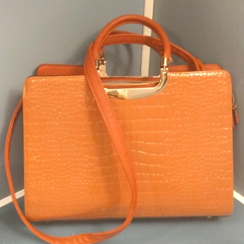 Orange Croc-Texture Laptop Bag with Shoulder Strap